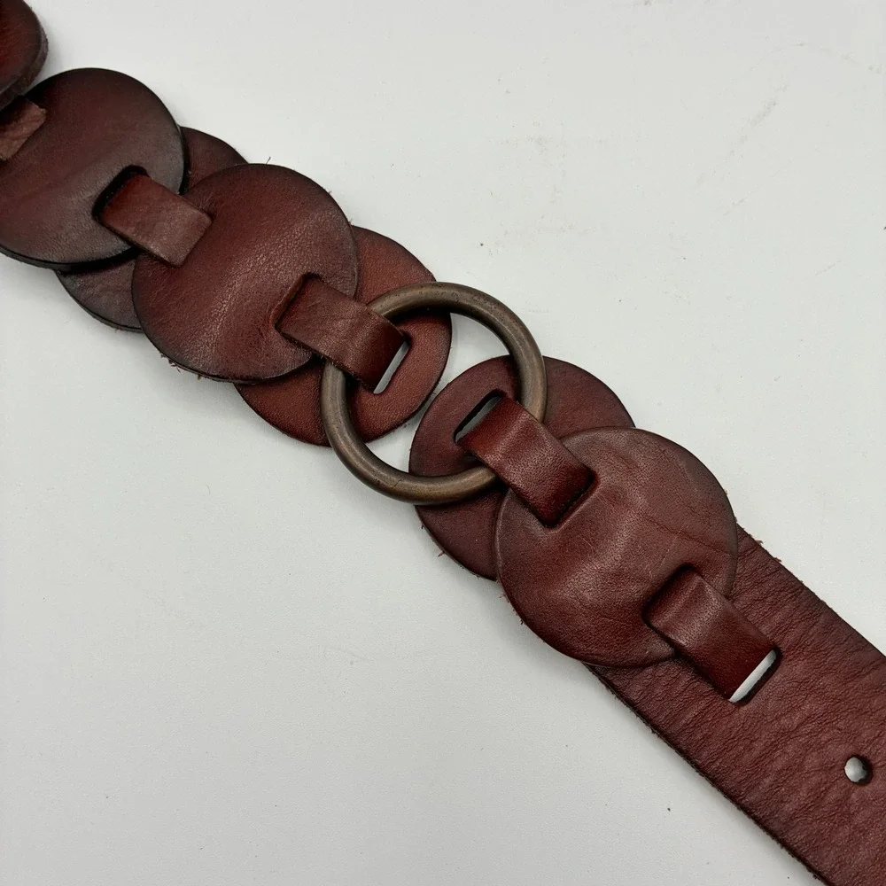 Fossil Brown Leather Belt Womens S Linked Disc Antique Brass Boho Festival
